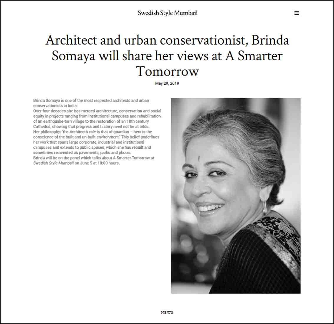 Architect and Urban conservationist, Brinda Somaya will share her views at A Smarter tomorrow, Swedish style Mumbai, News - May 2019